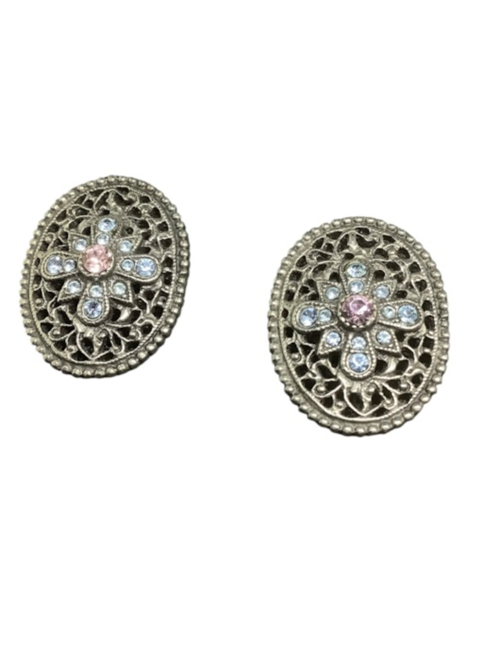 Vintage-Inspired Silver tone Filigree Oval Stud Earrings - Pink & blue crystals
